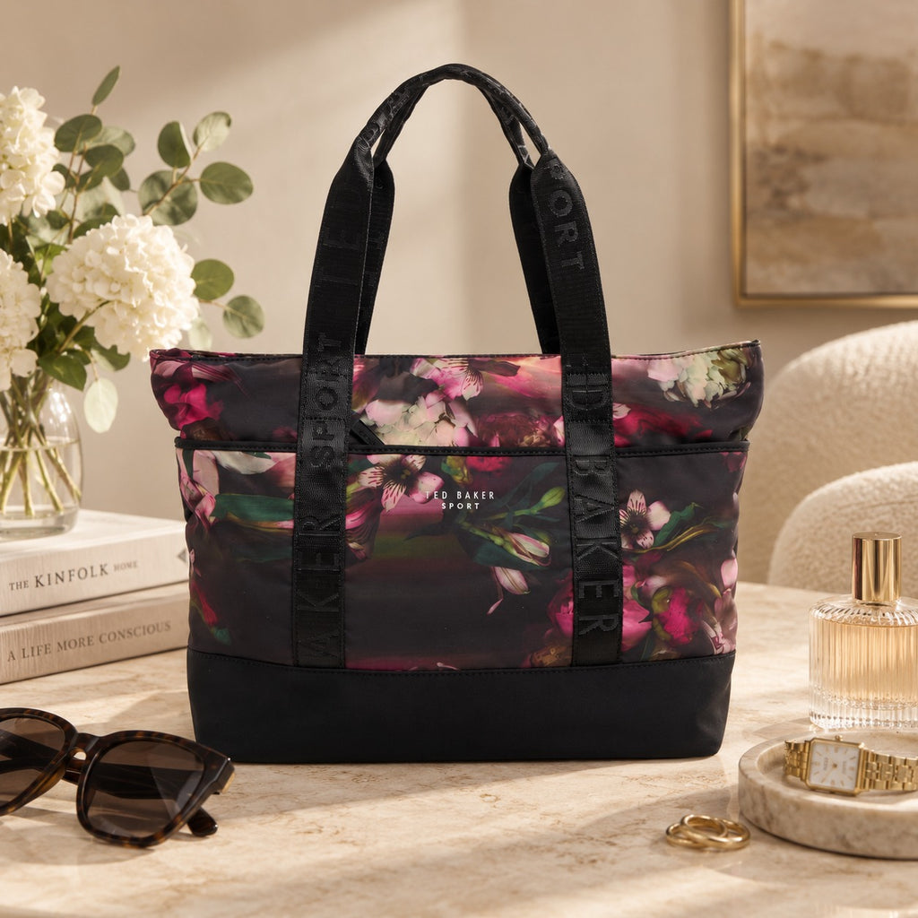 Ted Baker Sport Floral Tote Bag, Black Pink Flower Print, Large Shoulder Bag