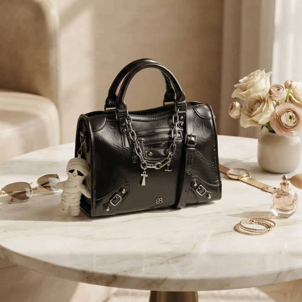 Bessie London Black Satchel Bag, Glossy Patent Finish, Chain Trim, Halloween