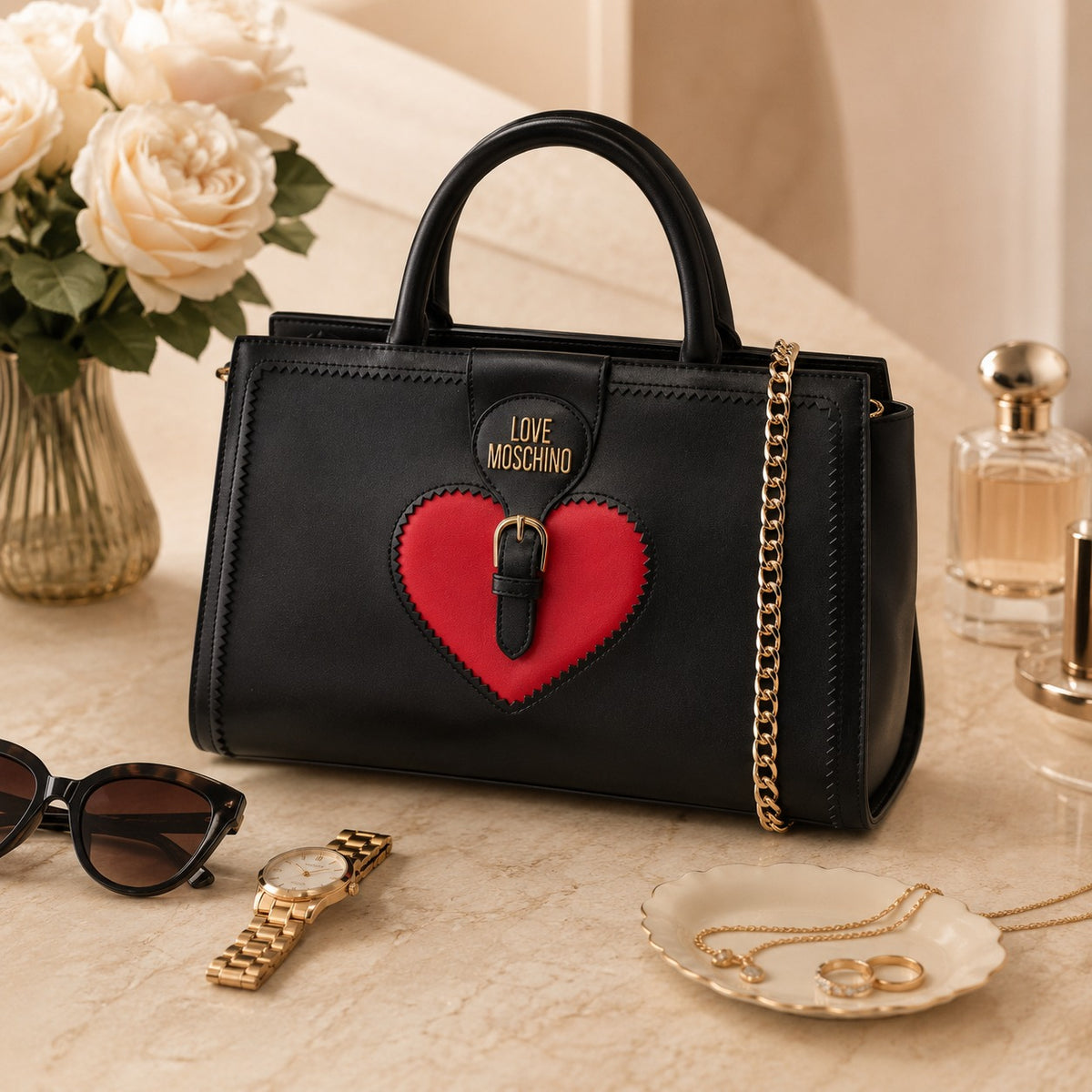 Love Moschino Black Satchel Bag, Red Heart Applique, Gold Hardware, Gift For Her