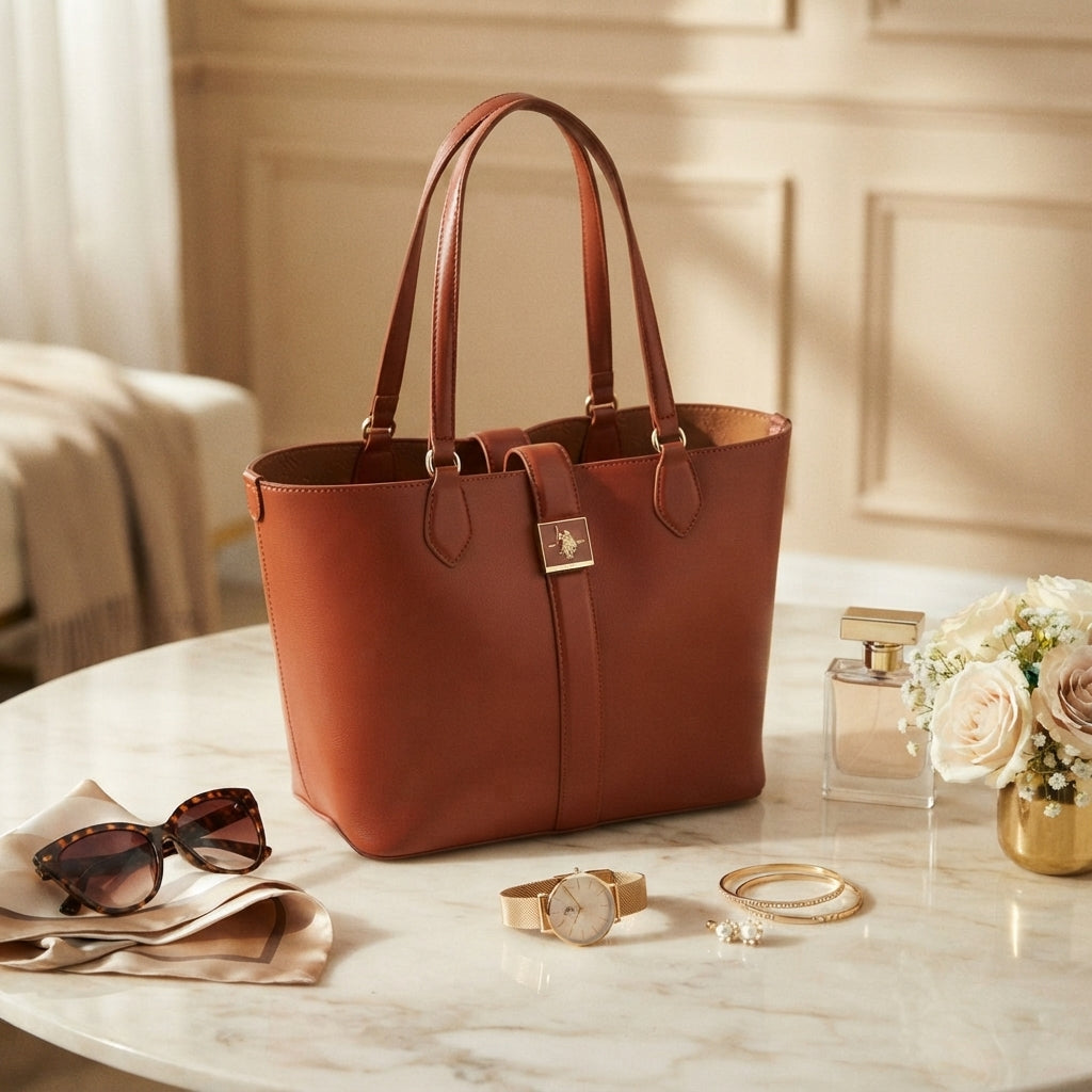 US Polo Assn Dark Orange Tote Bag, Matching Pouch, Everyday Work Handbag