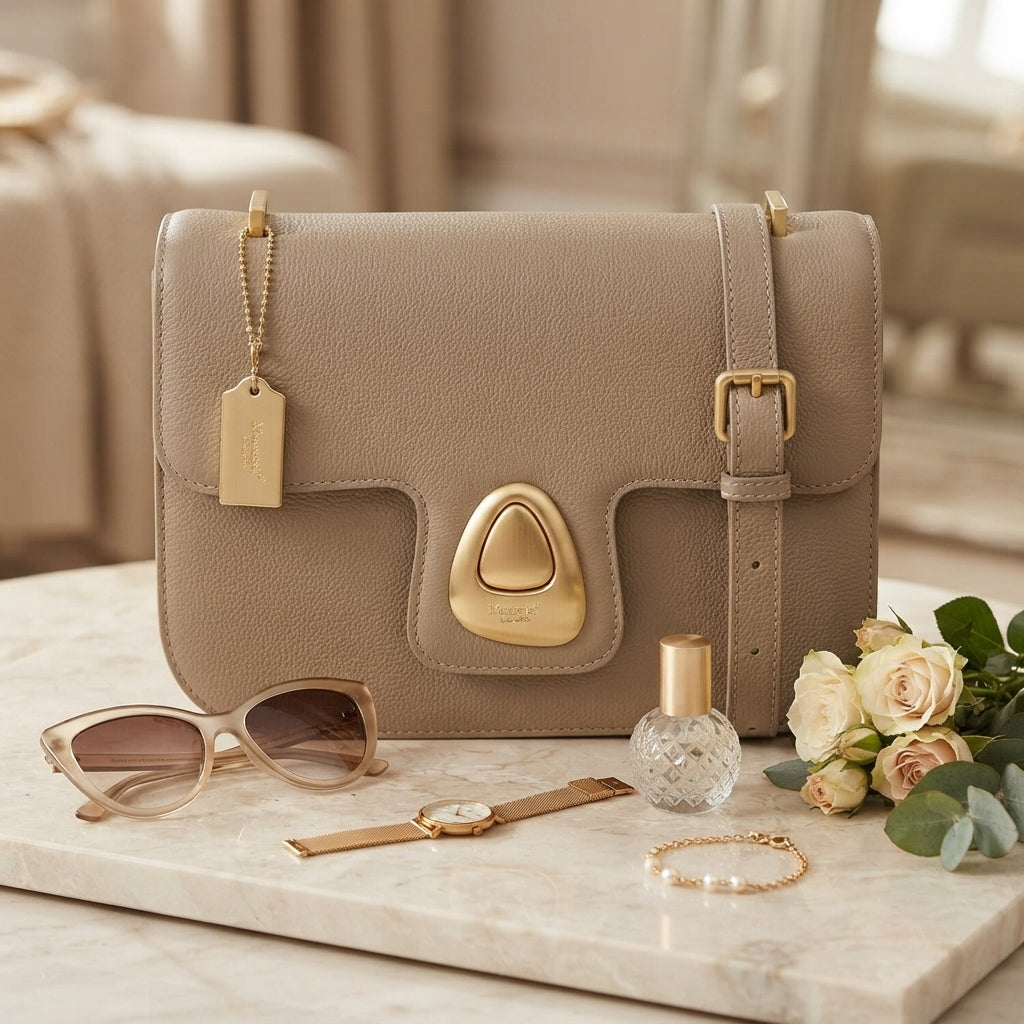 Moncrief Beige Pebble Crossbody Bag, Gold Hardware, Everyday Work Purse