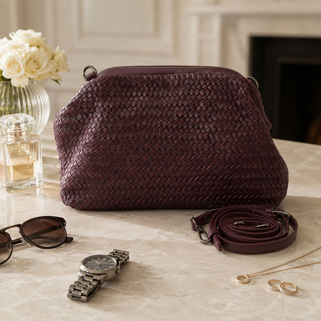 Rehard Burgundy Leather Crossbody Bag, Woven Clutch, Everyday Purse, Gift for Her