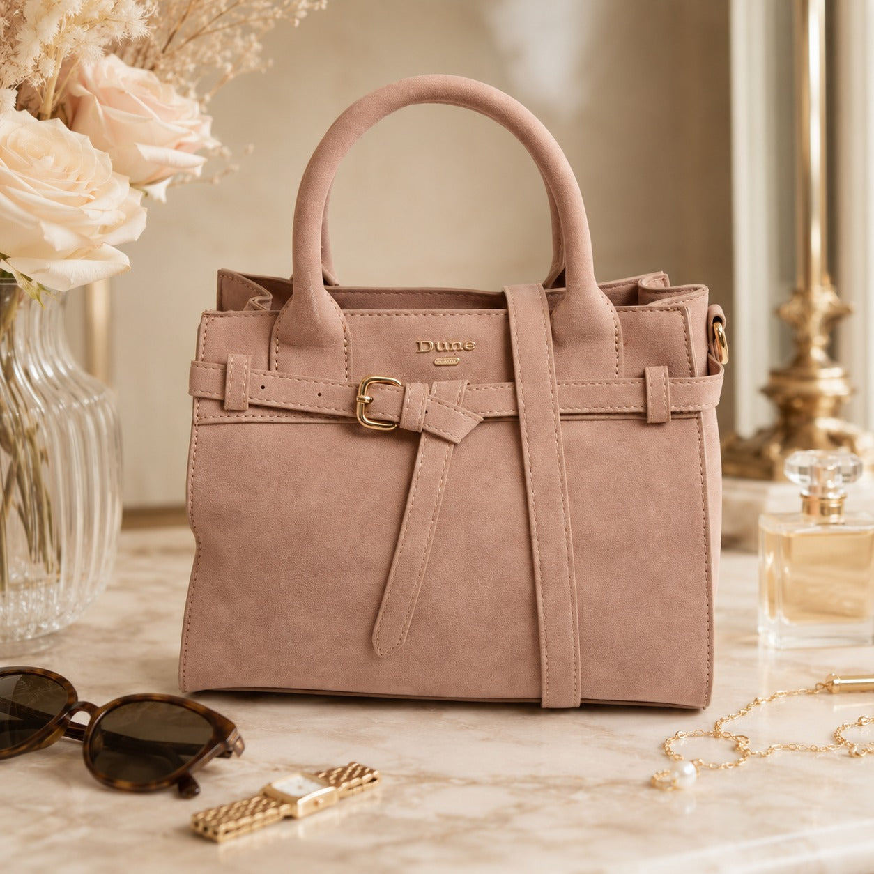 Dune London Peach Suede Satchel Bag, Gold Buckle, Everyday Handbag, Gift for Her