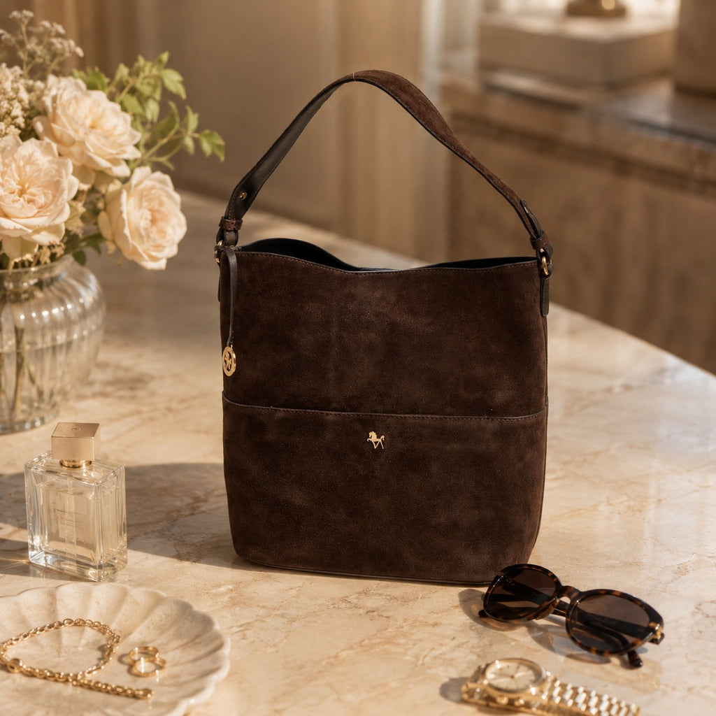 Silviano Brown Suede Shoulder Bag, Equestrian Hobo, Gold Hardware, Everyday Gift