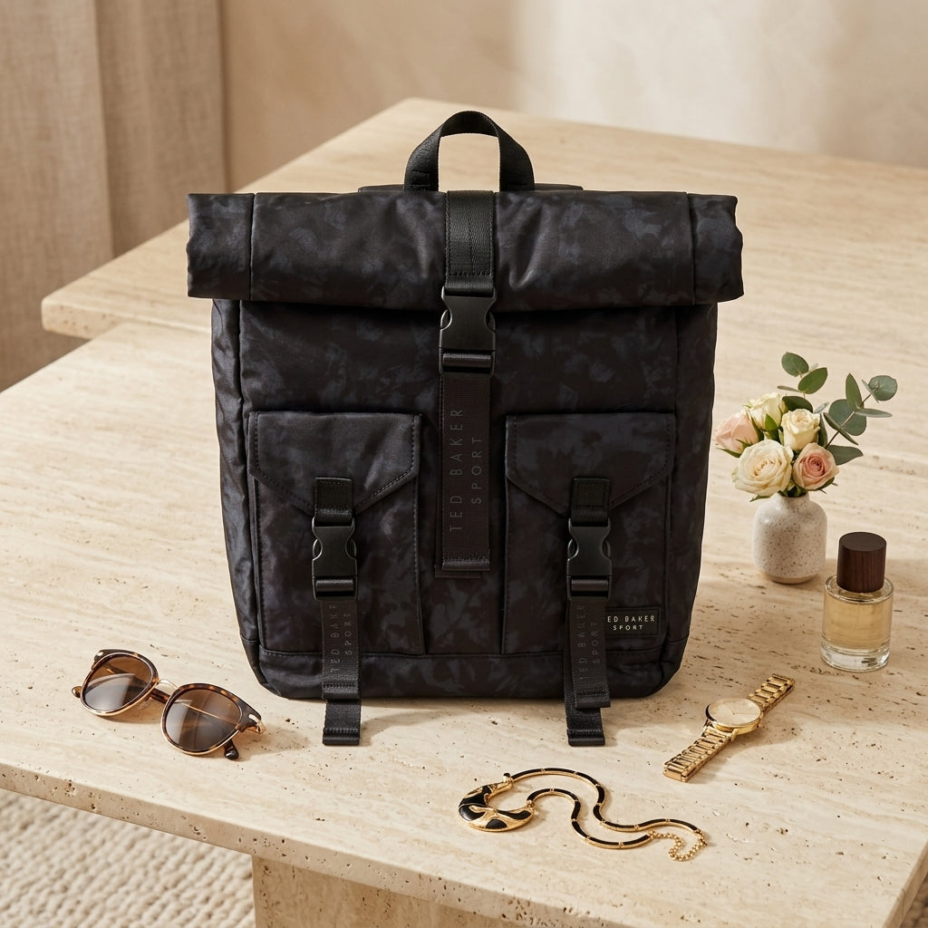 Ted Baker Sport Black Letica Backpack, Roll-Top Buckle Bag