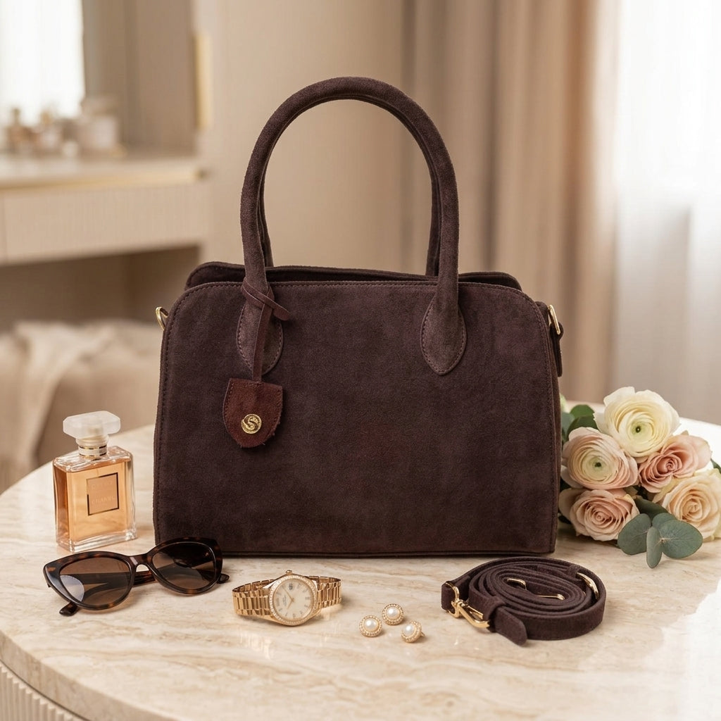Silver Street London Brown Suede Bag, Grab Bag, Top Handle Purse, Gift for Her