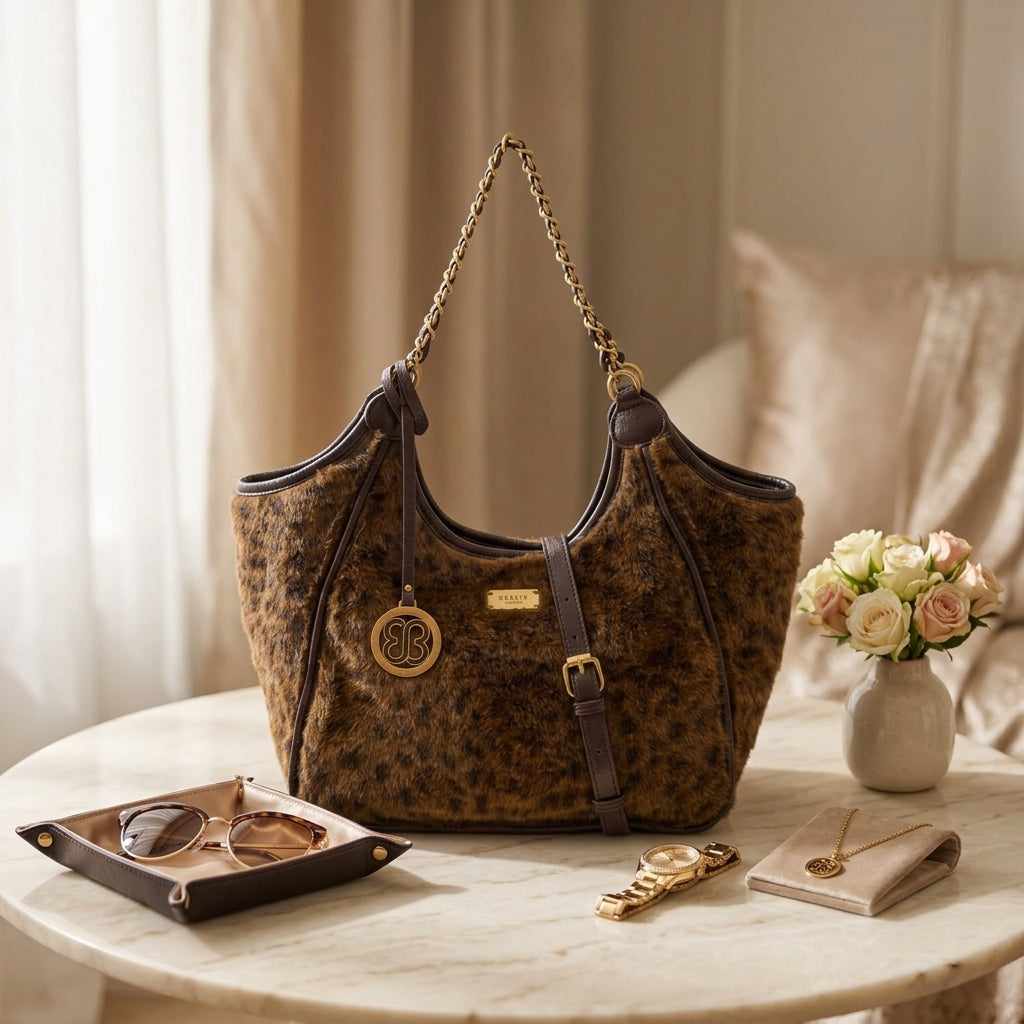 Bessie London Brown Leopard Hobo Bag, Faux Fur Tote, Gold Chain, Everyday Purse