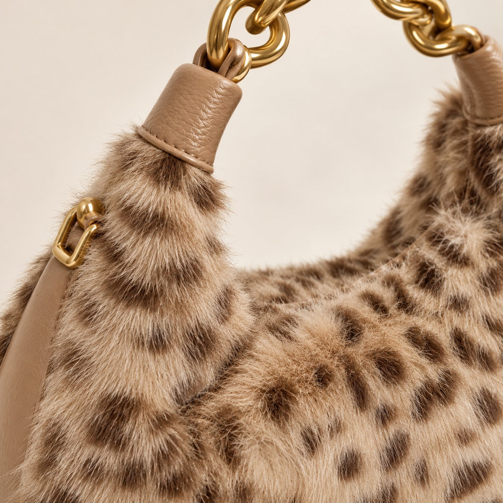 Bessie London Leopard Faux Fur Bag, Tan Brown Shoulder Bag, Chic Winter Purse