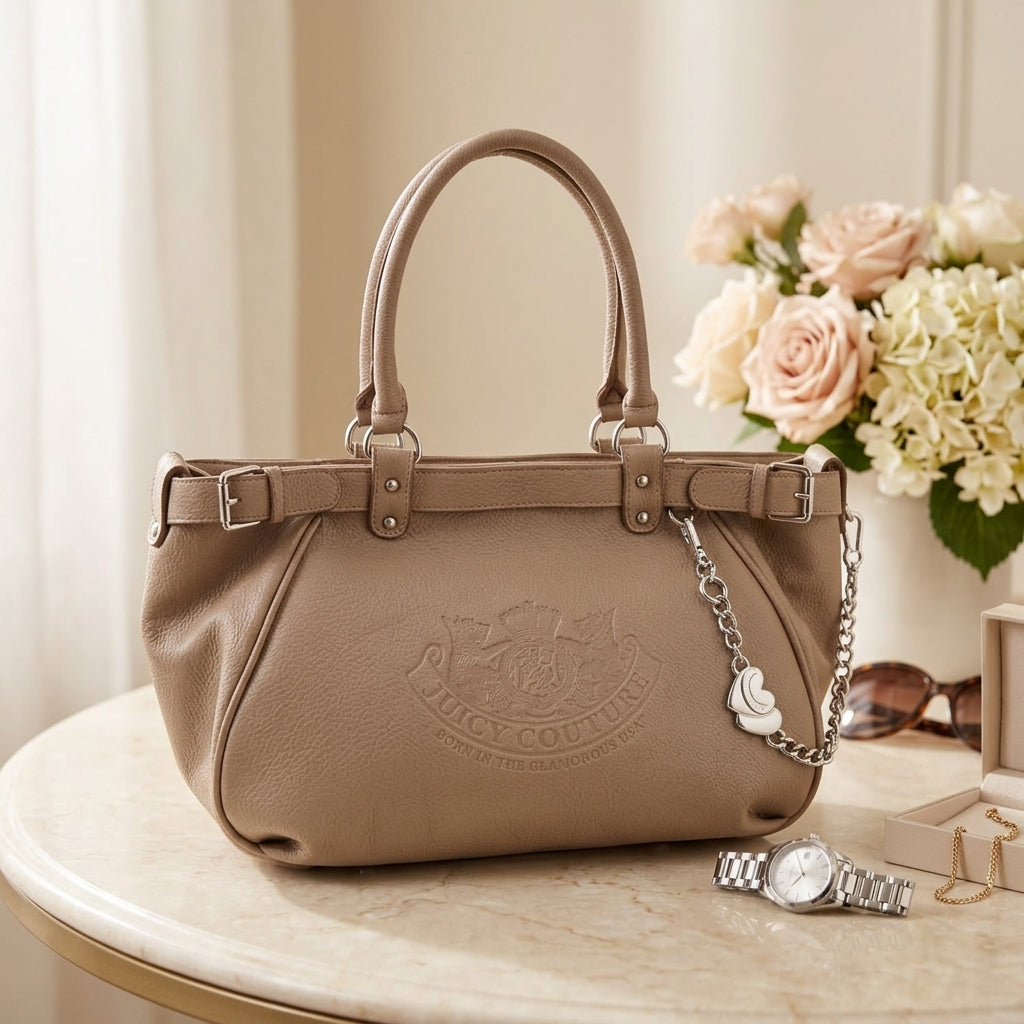 Juicy Couture Taupe Satchel Bag, Pebbled Leather Tote, Everyday Work Purse