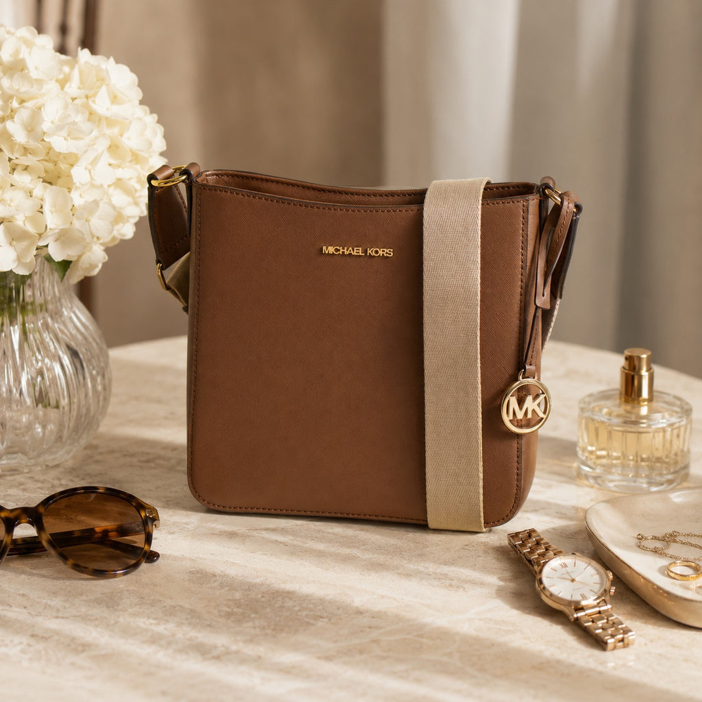 Michael Kors Brown Crossbody Bag, Logo Luggage Style, Gold Hardware, Everyday