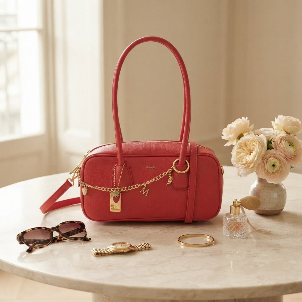 Moncrief Red Katie Bowling Bag, Gold Chain Charms, Shoulder Handbag, Gift For Her