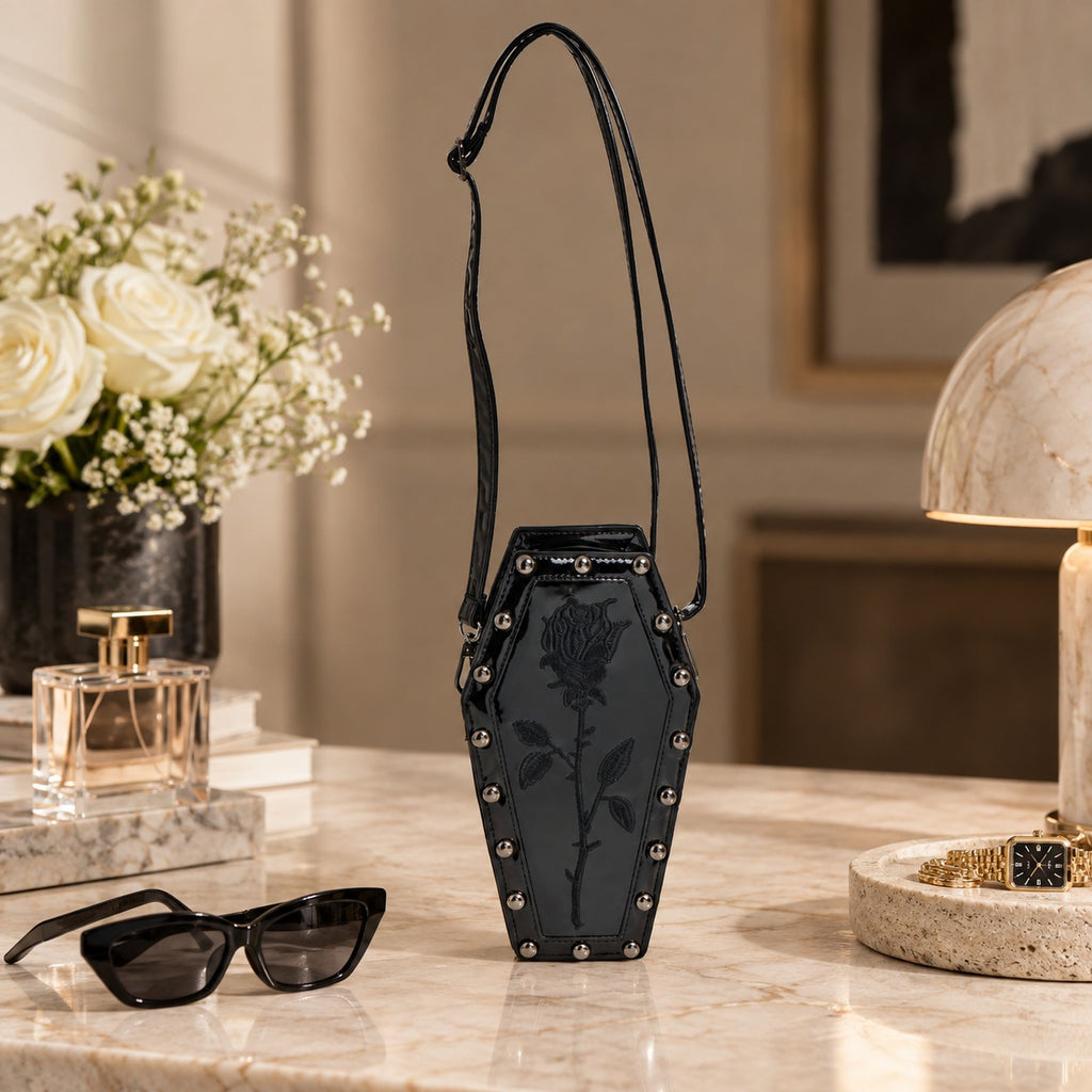 Skinnydip Black Coffin Crossbody Bag, Goth Rose Embroidered, Spooky Aesthetic