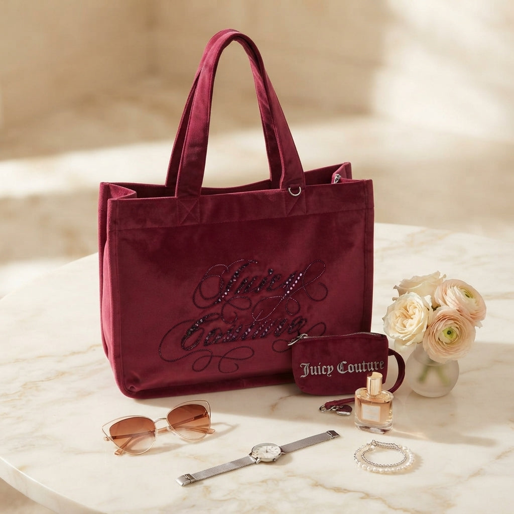 Juicy Couture Pink Tote Bag, Velvet Embroidered Script Logo, Everyday Shopper