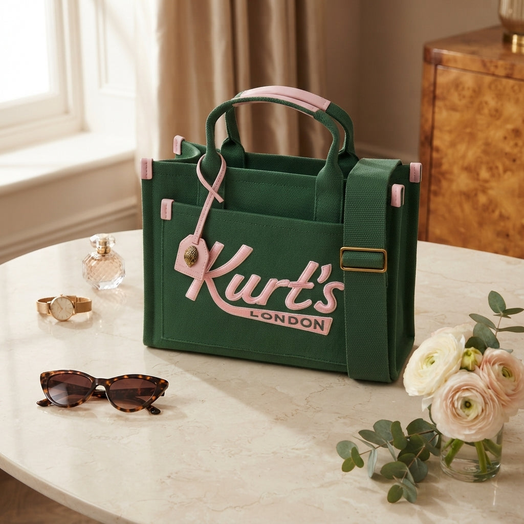 Kurt Geiger Green Tote Bag, Pink Logo, Canvas Handbag