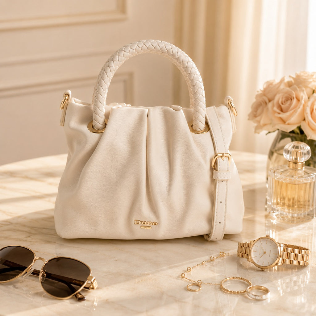 Dune Cream Handbag, Pebbled Faux Leather Satchel, Gold Hardware, Everyday Bag