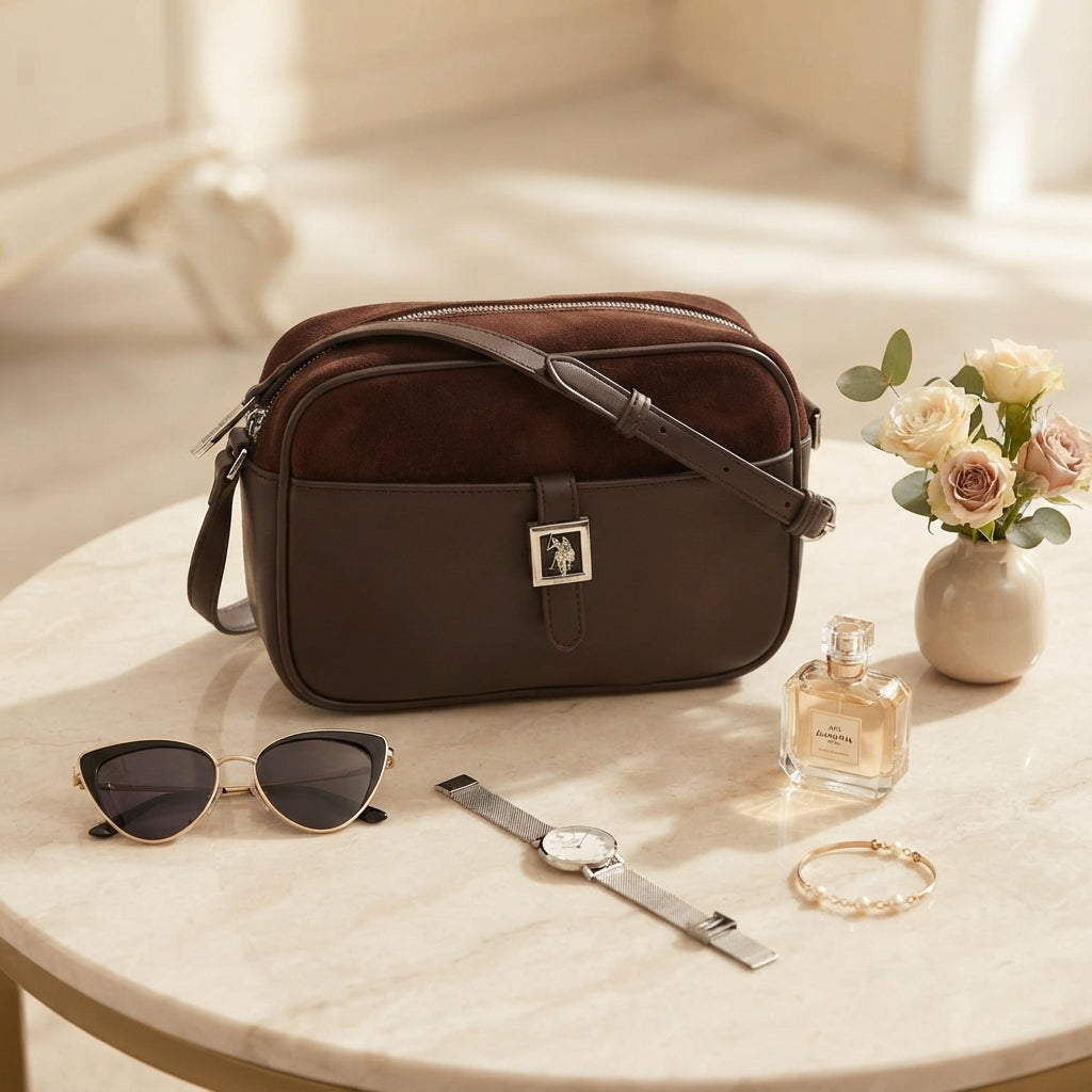 US Polo Assn Brown Crossbody Bag, Suede Leather, Everyday Shoulder Handbag
