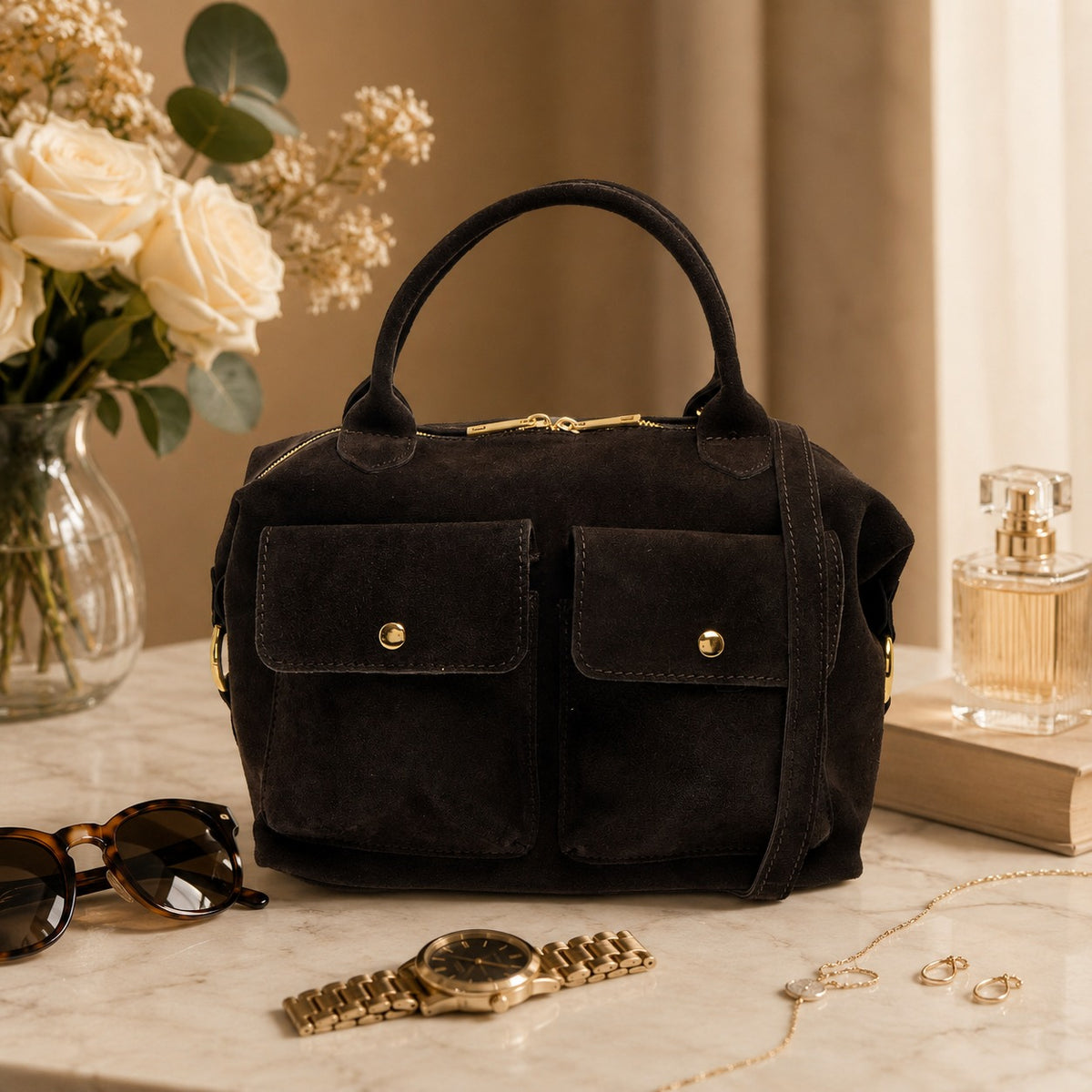 Marlon Brown Suede Satchel Bag, Two Pocket Crossbody, Gold Hardware