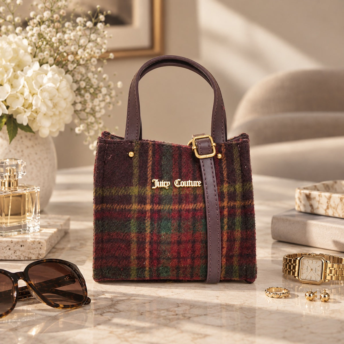 Juicy Couture Tartan Mini Tote Bag, Winetasting Plaid, Gold Hardware