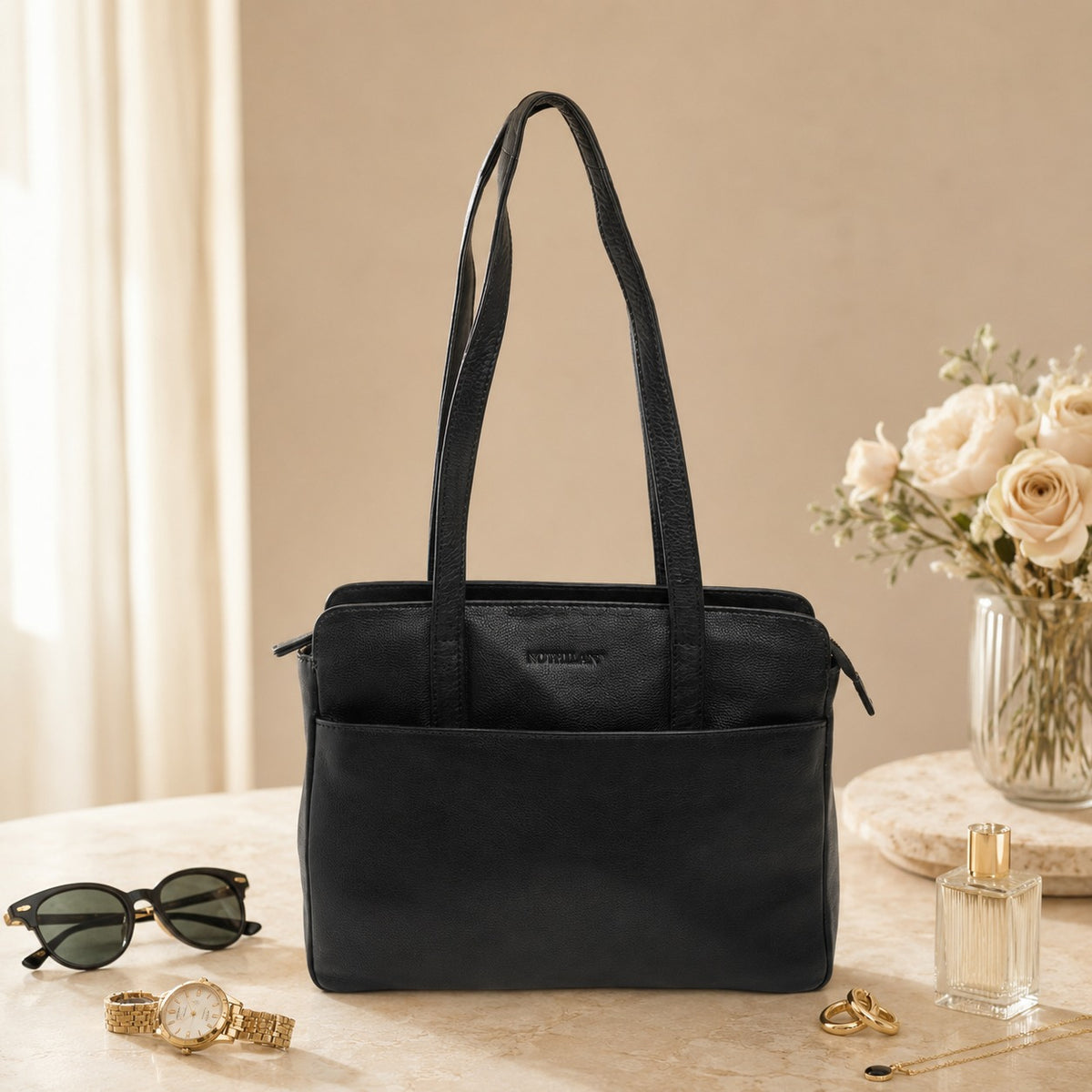 Rowallan Black Leather Handbag, Everyday Shoulder Bag, Work Tote, Minimalist