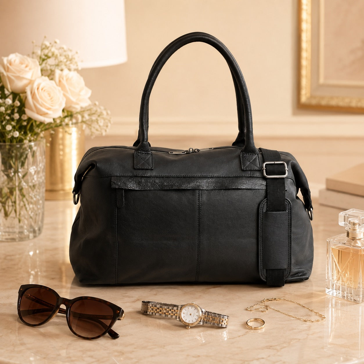 Leather Culture Black Duffle Bag, Leather Tote, Travel Weekender, Everyday