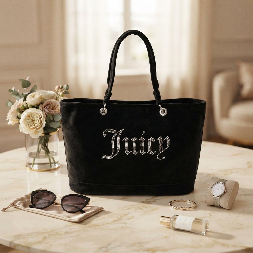 Juicy Couture Black Velour Tote Bag, Rhinestone Script Logo, Everyday Shopper