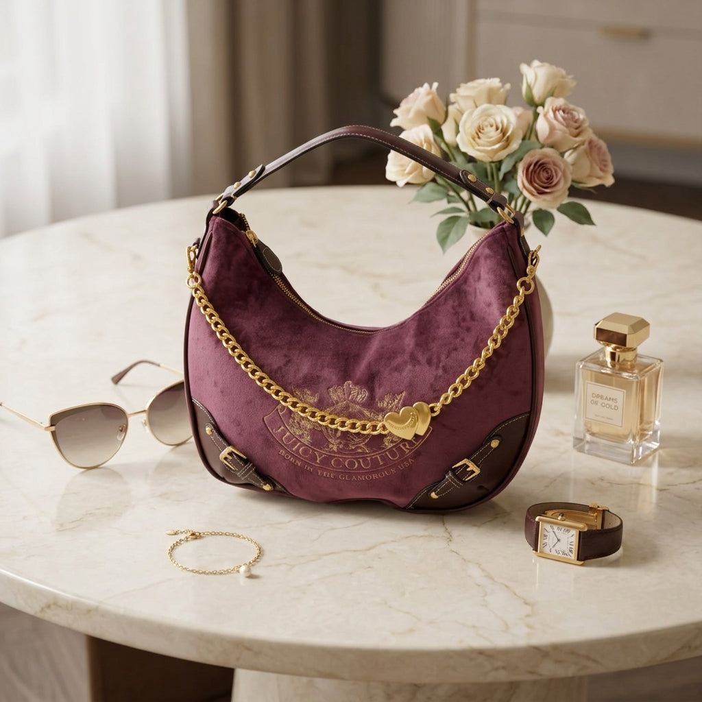 Juicy Couture Burgundy Hobo Bag, Velour Shoulder Bag, Gold Chain