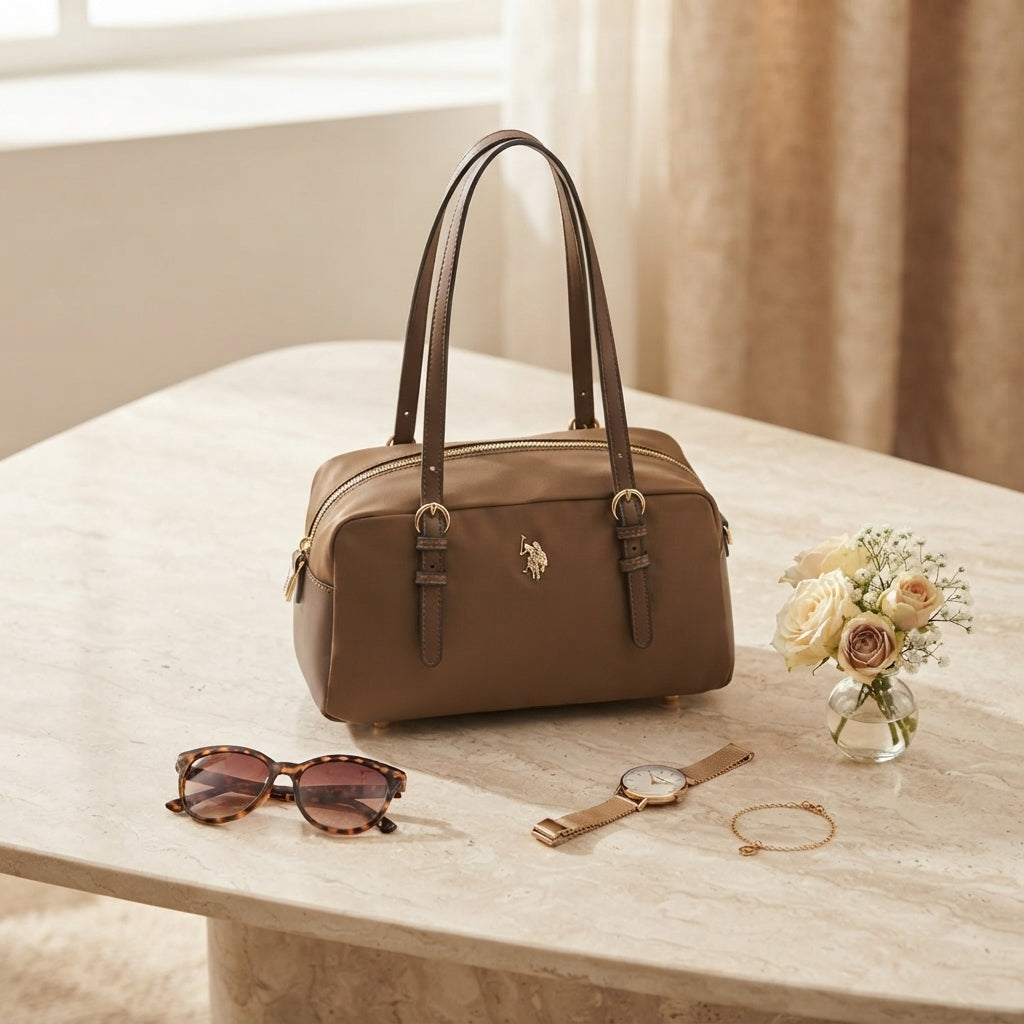US Polo Assn Brown Satchel Bag, Nylon Shoulder Bag, Gold Hardware, Preppy