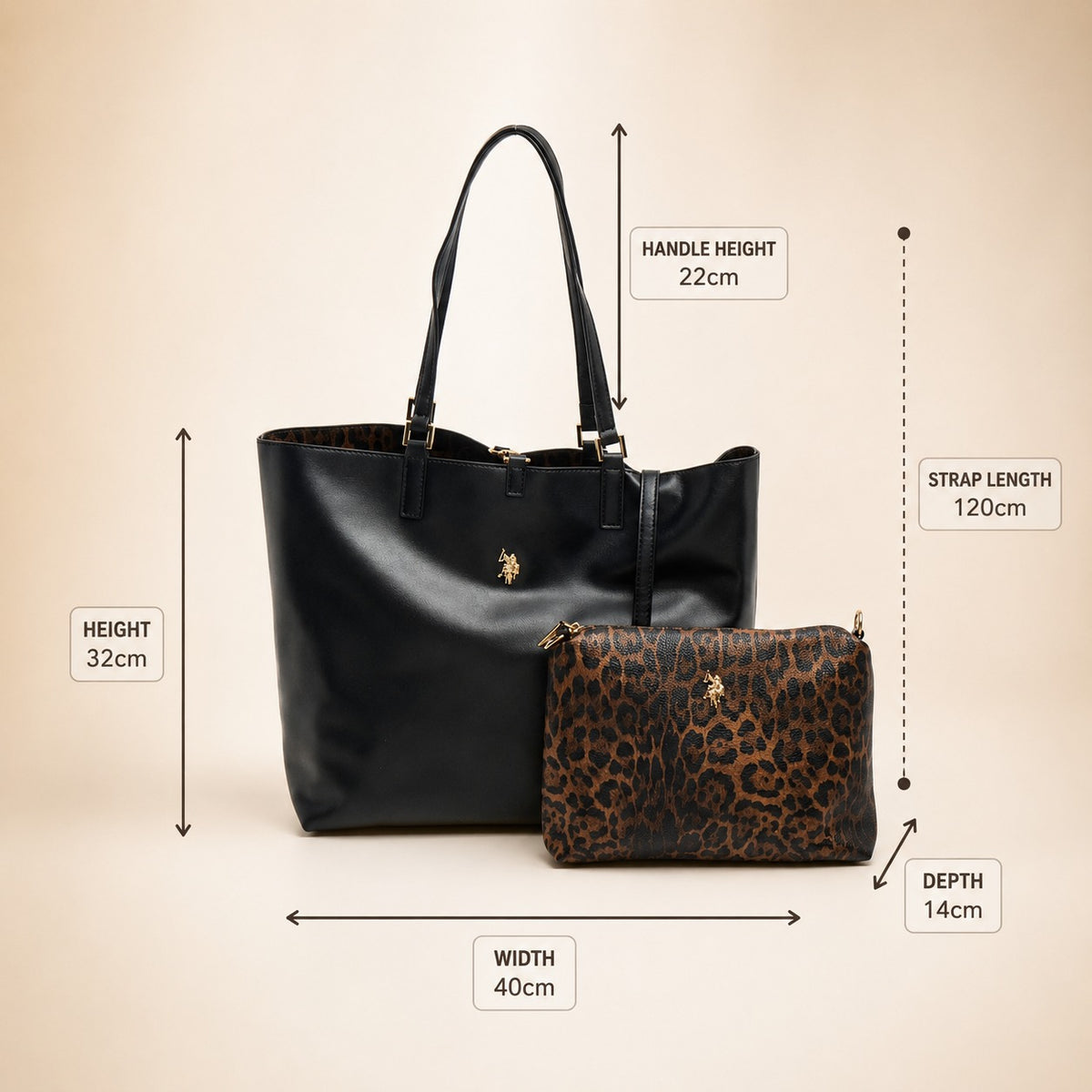 US Polo Assn Black Tote Bag, Reversible Leopard Print, Shoulder Handbag Gift