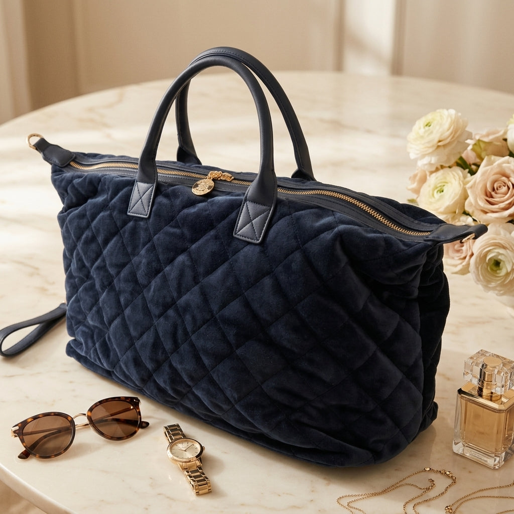 Juicy Couture Navy Quilted Tote Bag, Velour Weekender, Travel Duffel