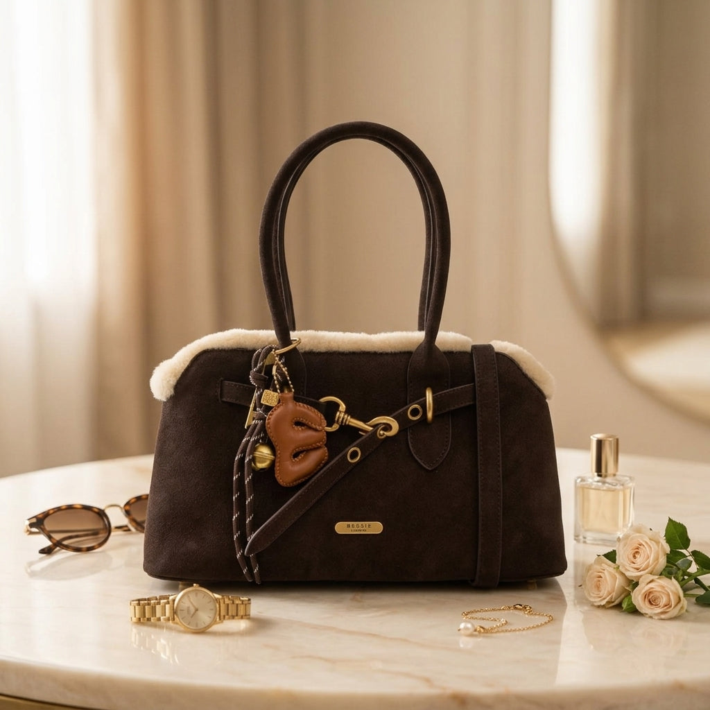 Bessie London Brown Crossbody Bag, Fleece Trim, Gold Charm, Equestrian Satchel