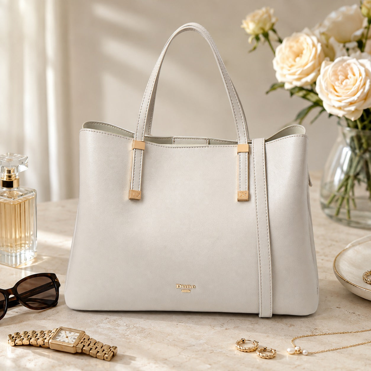 Dune London Grey Shoulder Bag, Minimalist Everyday Tote, Gold Hardware