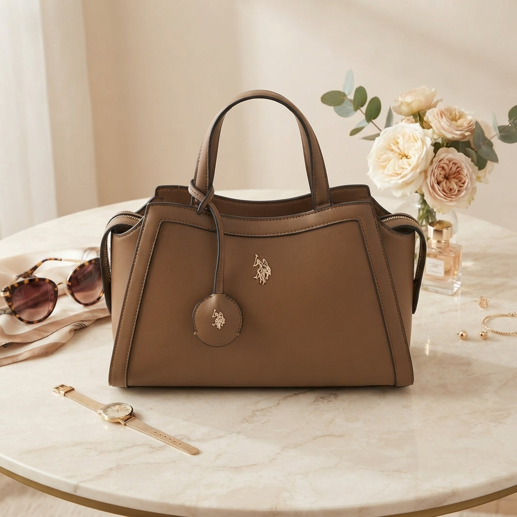 US Polo Assn Brown Tote Bag, Structured Shoulder Bag, Work Handbag, Chic