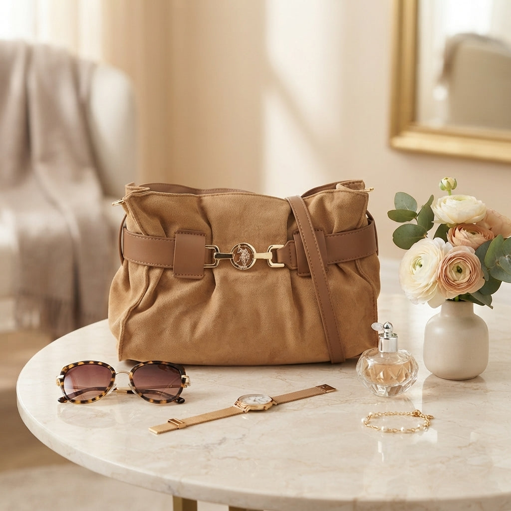 US Polo Assn Tan Suede Bag, Shoulder Handbag, Gold Hardware, Everyday Gift