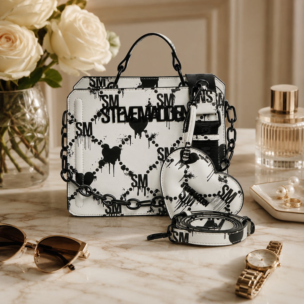Steve Madden White Black Cross Body Bag, Drippy Heart, Statement Logo, Gift