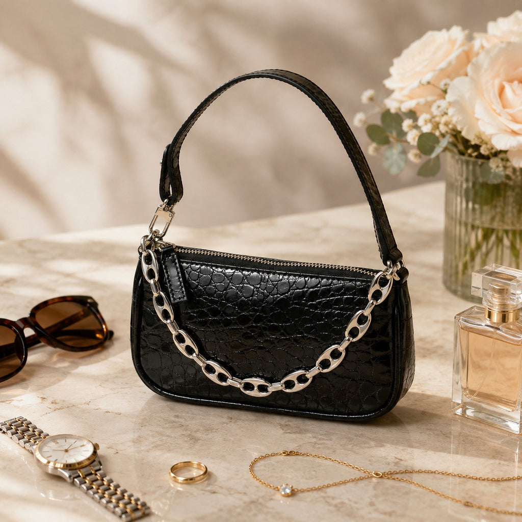 By Far Black Patent Croc Bag, Minimalist Shoulder Bag, Evening Bag, Gift for Her