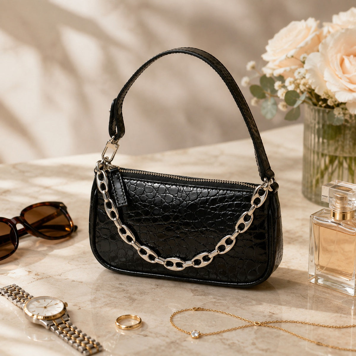 By Far Black Patent Croc Bag, Minimalist Shoulder Bag, Evening Bag, Gift for Her
