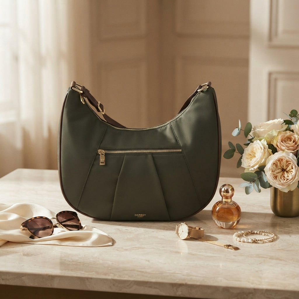 Osprey London Khaki Hobo Bag, Nylon Shoulder Handbag, Everyday Tote, Gift for Her