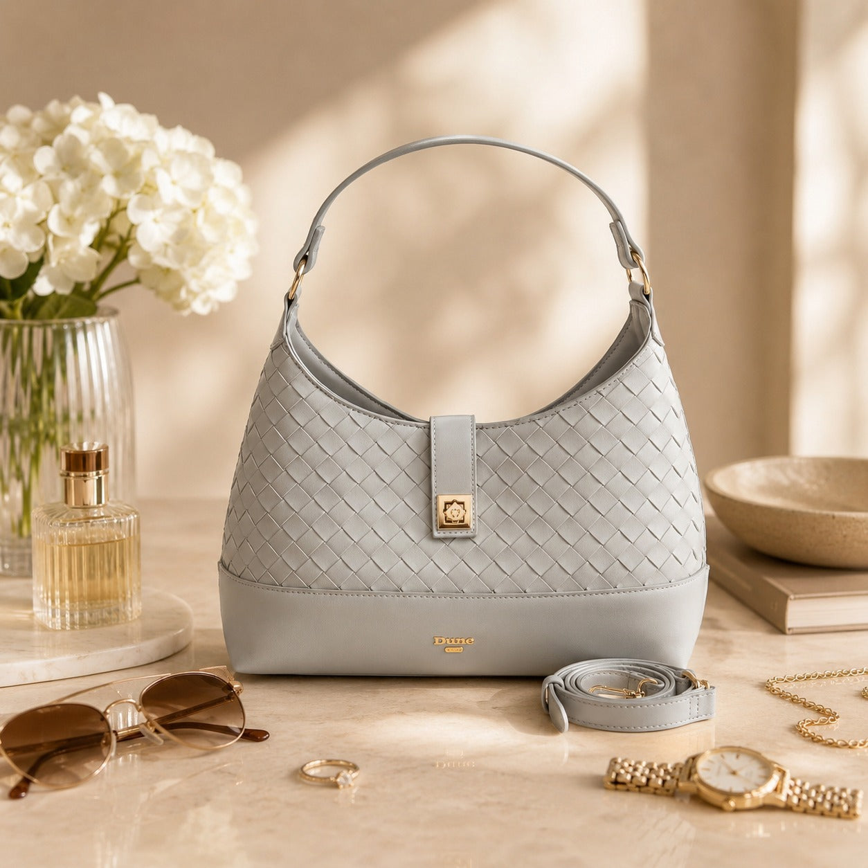 Dune London Grey Shoulder Bag, Woven Quilted Design, Gold Hardware, Everyday