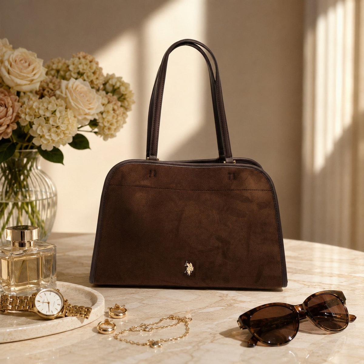 US Polo Assn Brown Tote Bag, Suede Texture, Shoulder Handbag, Everyday