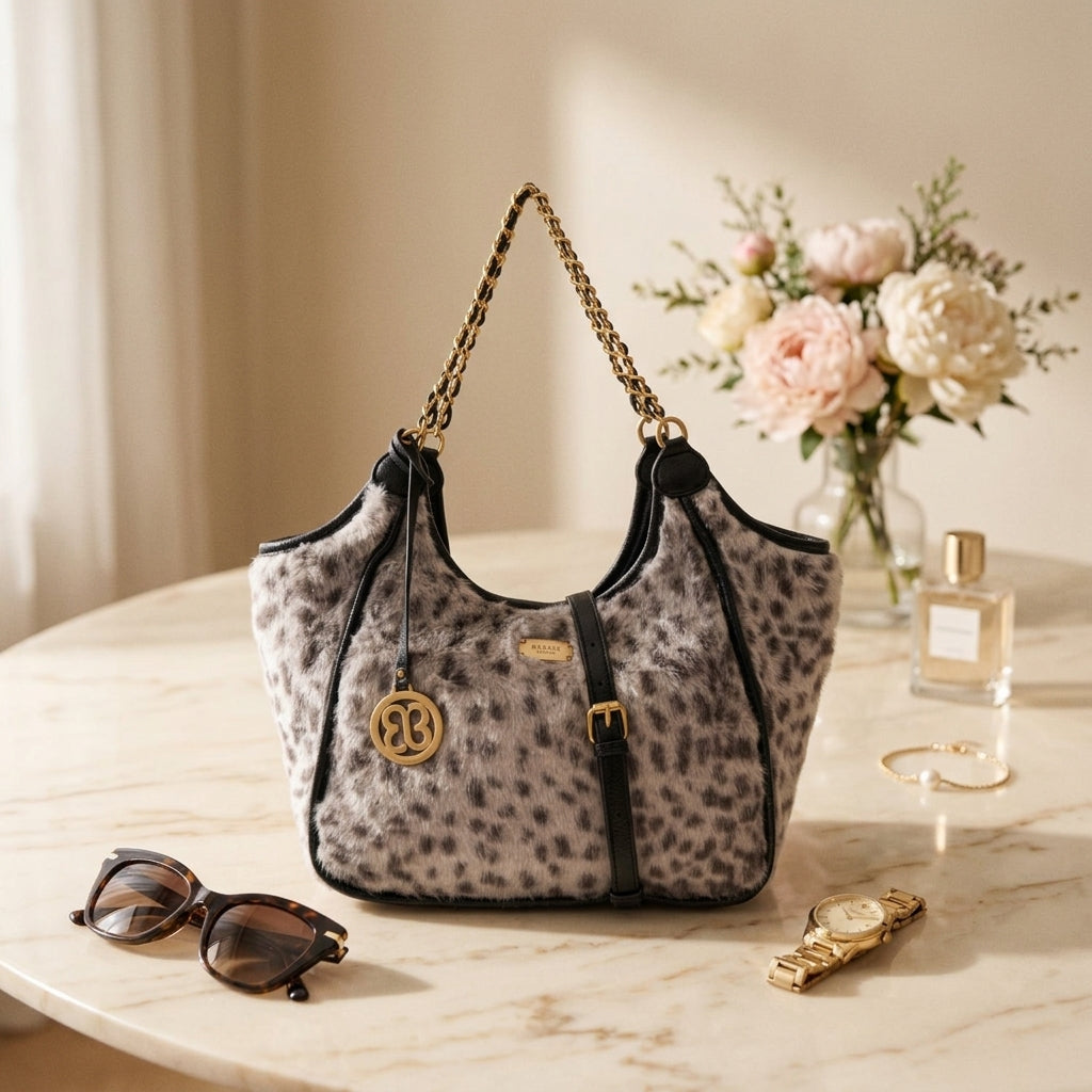 Bessie London Grey Shoulder Bag, Dalmatian Spot Faux Fur, Gold Hardware