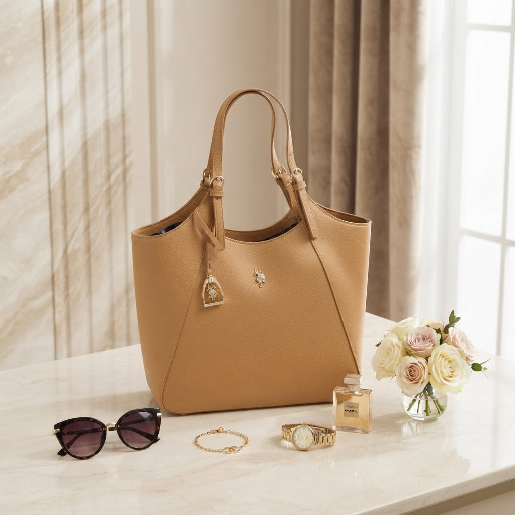 US Polo Assn Camel Tote Bag, Pebbled Faux Leather, Gold Hardware, Everyday Gift