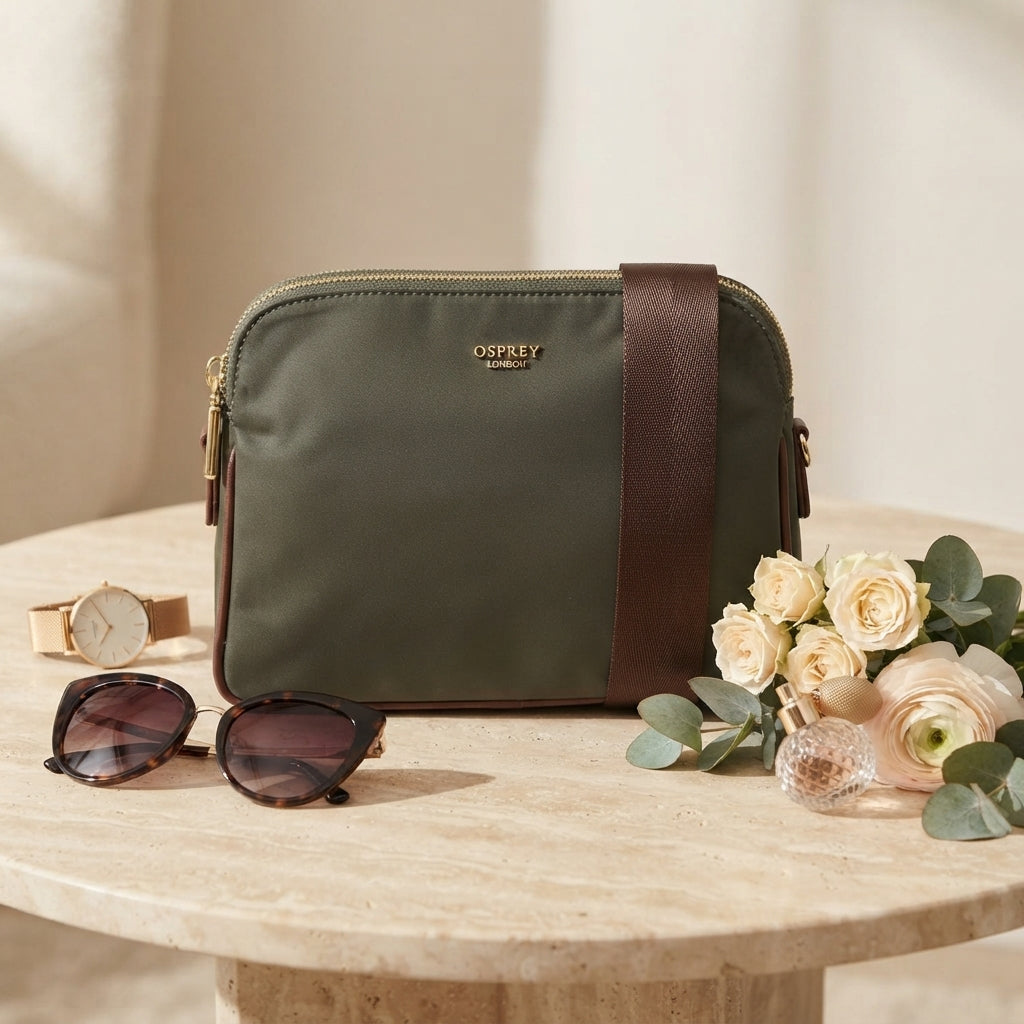 Osprey London Khaki Nomad Crossbody Bag, Nylon Shoulder Bag, Minimalist Everyday