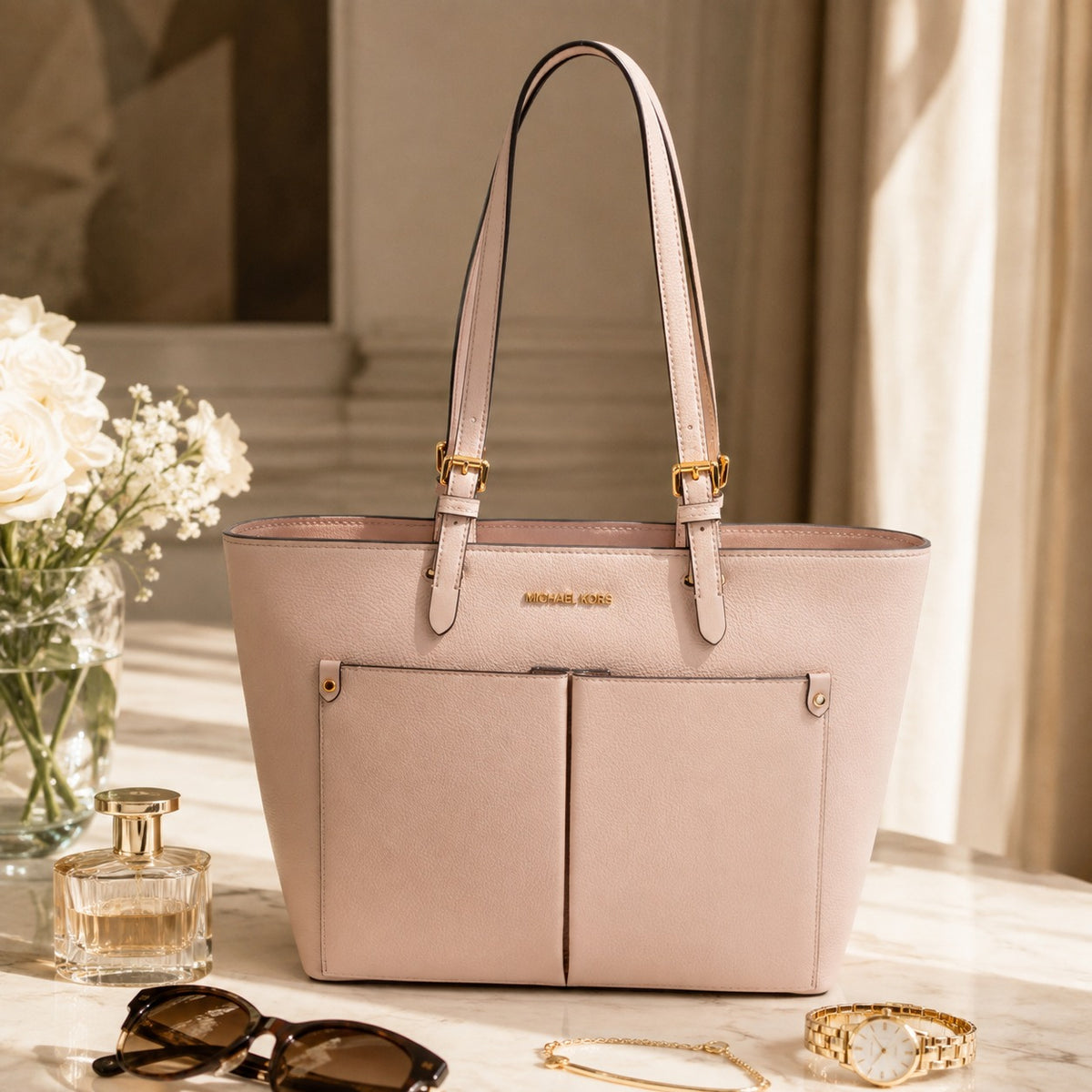 Michael Kors Powder Blush Jet Set Tote, Pink Pebbled Leather Shoulder Bag