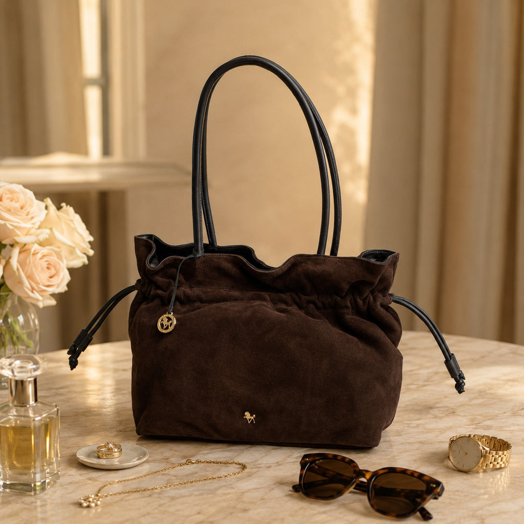Silviano Brown Suede Shoulder Bag, Chocolate Drawstring Hobo, Everyday Tote