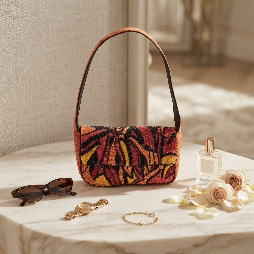 Mirasol Orange Beaded Shoulder Bag, Tropical Sunset Baguette, Evening Purse