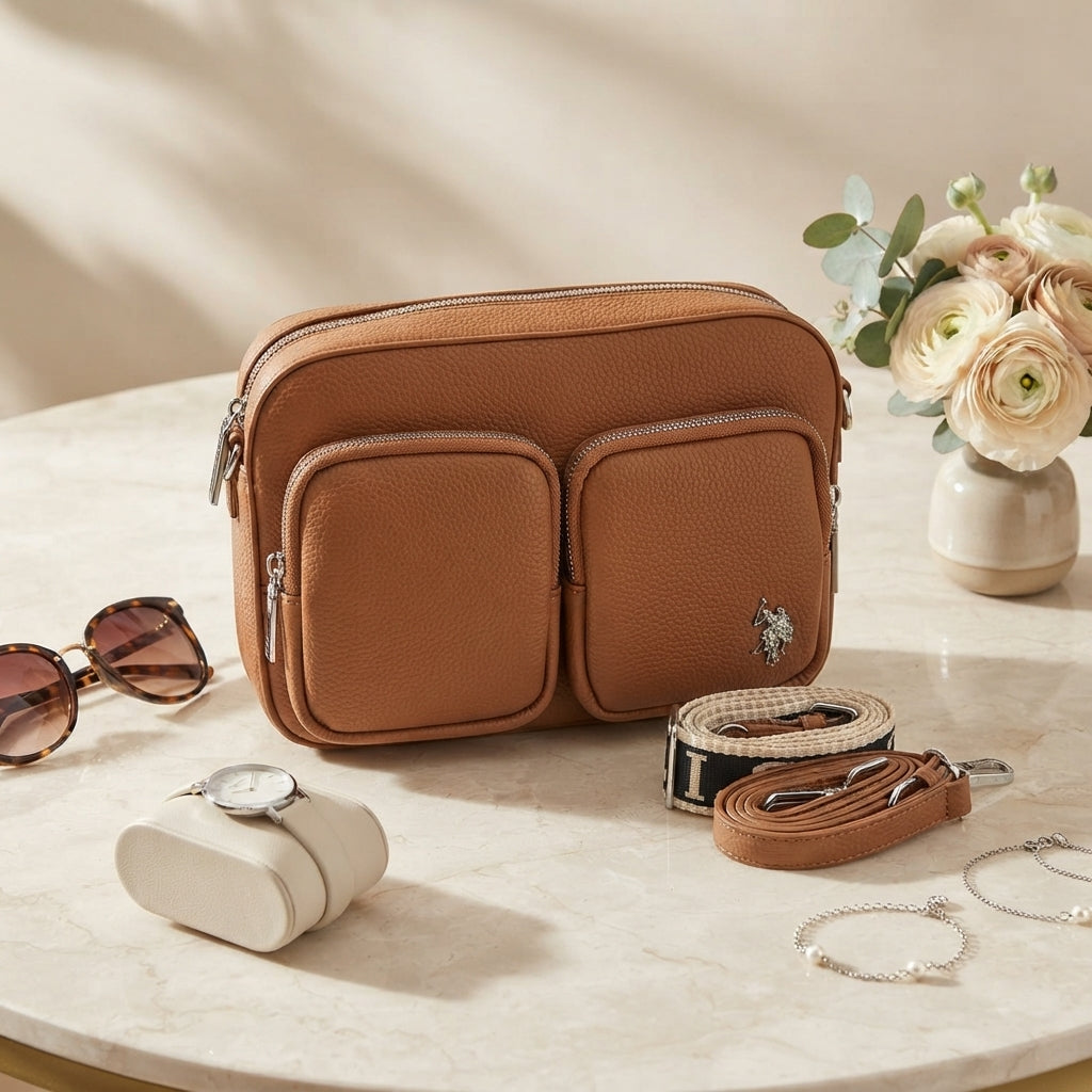 US Polo Assn Brown Camera Bag, Pebbled Crossbody, Designer Everyday Handbag