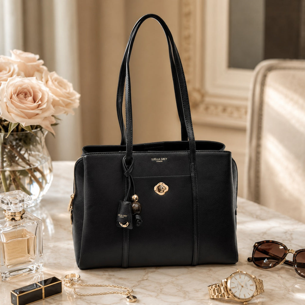 Luella Grey Black Tote Bag, Pebbled Grain, Gold Hardware
