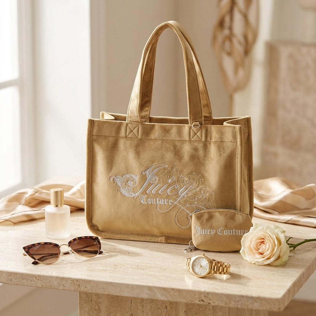 Juicy Couture Beige Shopping Tote Bag, Velour, Rhinestone Logo, Y2K Aesthetic