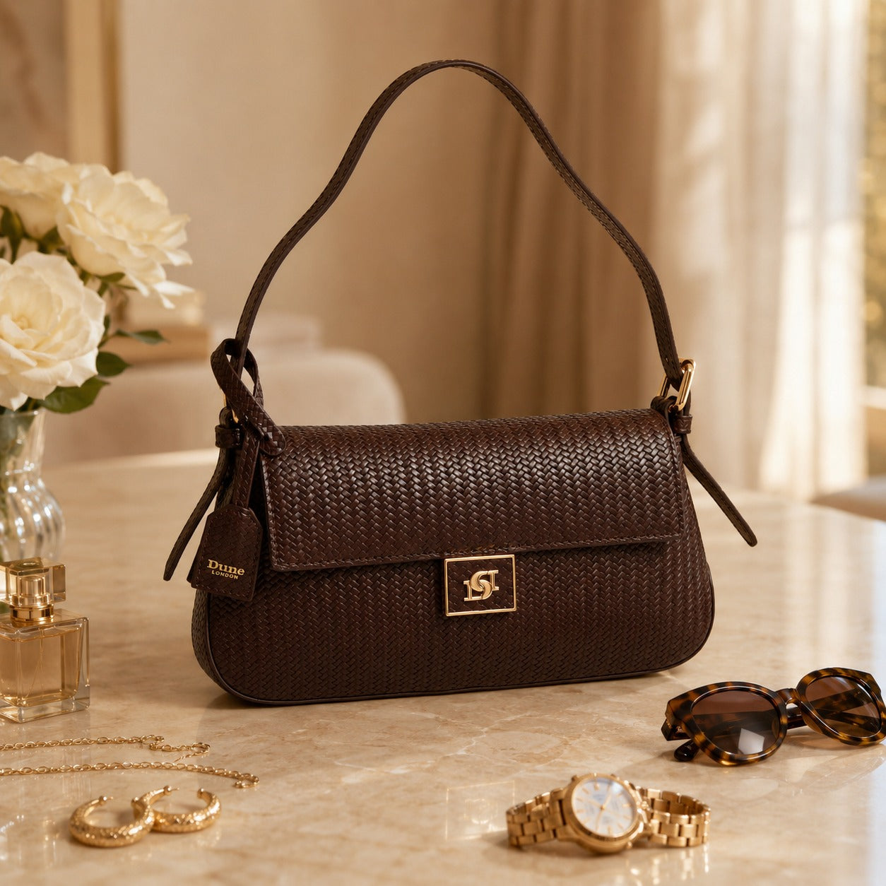 Dune Brown Weave Shoulder Bag, Dabin Style, Flap Top, Gold Hardware