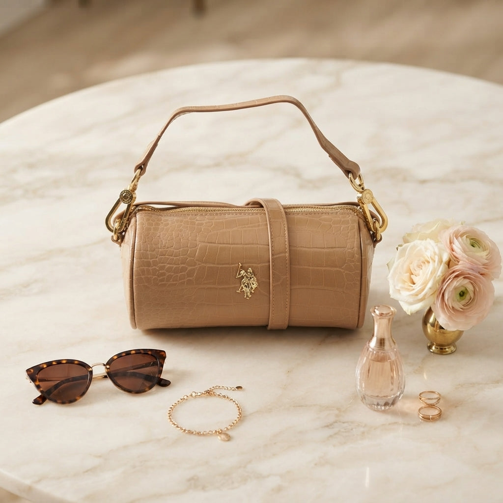 US Polo Assn Beige Crossbody Bag, Y2K Mini Barrel, Croc Texture, Aesthetic